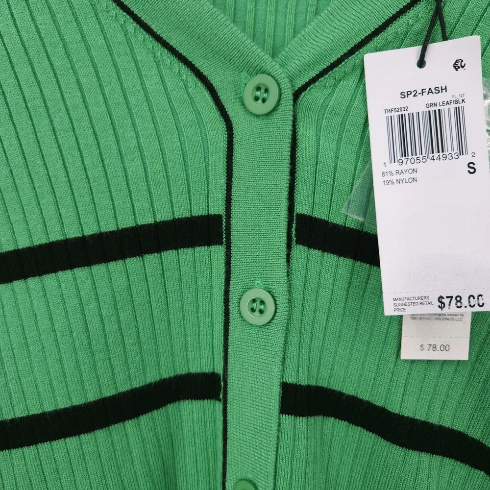 Tahari Button Front V Neck Green Leaf Black Striped Long Sleeve Cardigan Women S